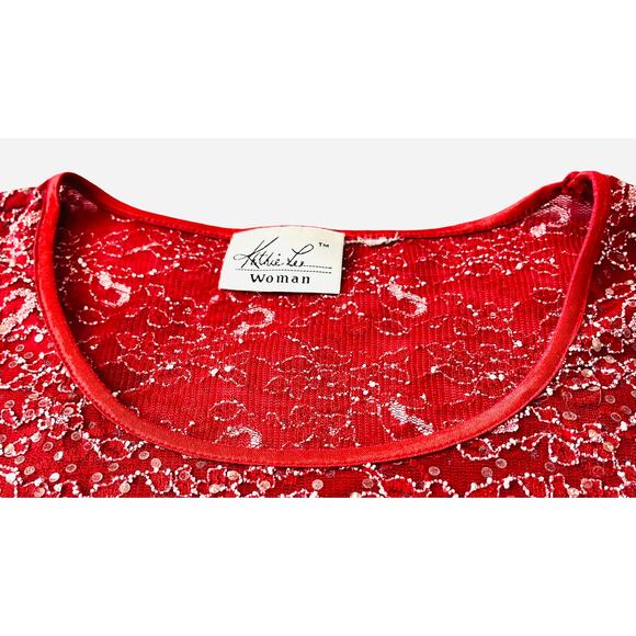 KATHIE LEE SHORT SLEEVE RND NECK PULL-OVER DRESSY BLOUSE, WOMENS, 3X, RED SILVER - Picture 2 of 10